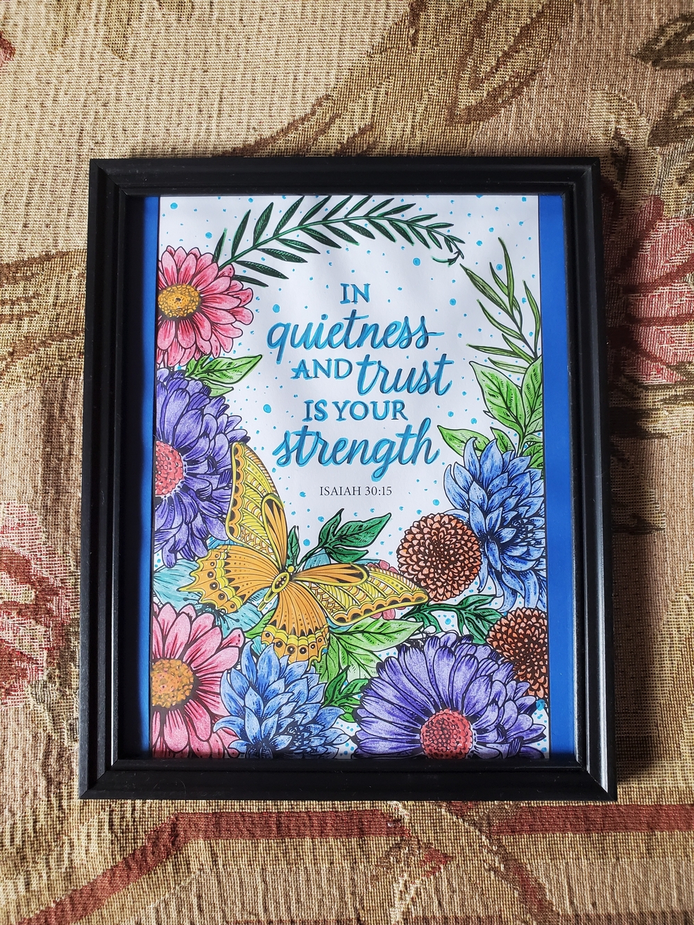 Hand Crafted Floral Scripture Art in Blue, Yellow, Purple, Pink and Green